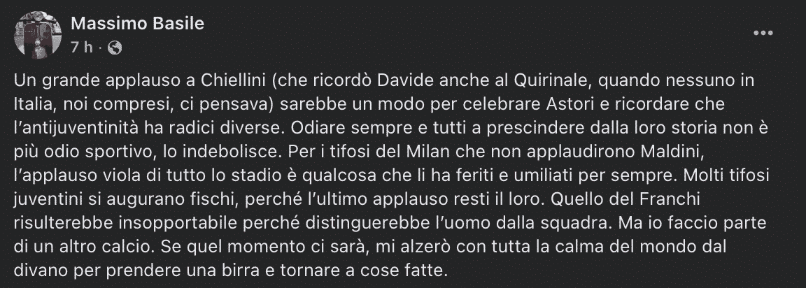Il messaggio di Basile: "Applaudiamo Chiellini per celebrare Astori. L'odio per la Juventus ha radici diverse"
