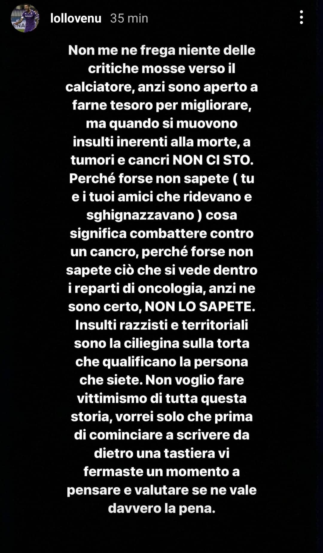Venuti arrabbiato: "Criticate il calciatore ma insulti inerenti alla morte, a tumori e cancri, non ci sto"