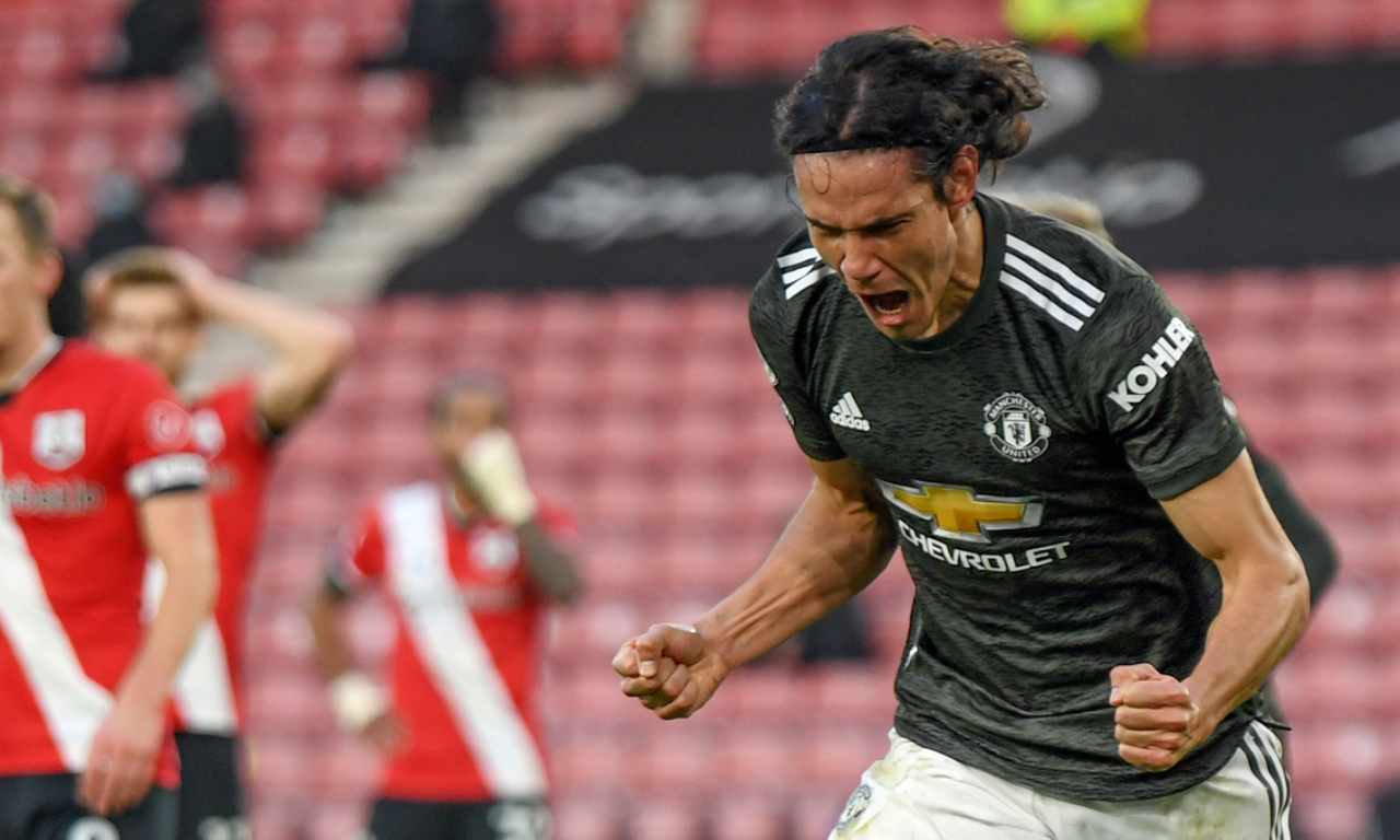Manchester United's Edinson Cavani celebrates after scoring his side's second goal during an English Premier League soccer match between Southampton and Manchester United at the St. Mary's stadium in Southampton, England, Sunday, Nov. 29, 2020. (Mike Hewi