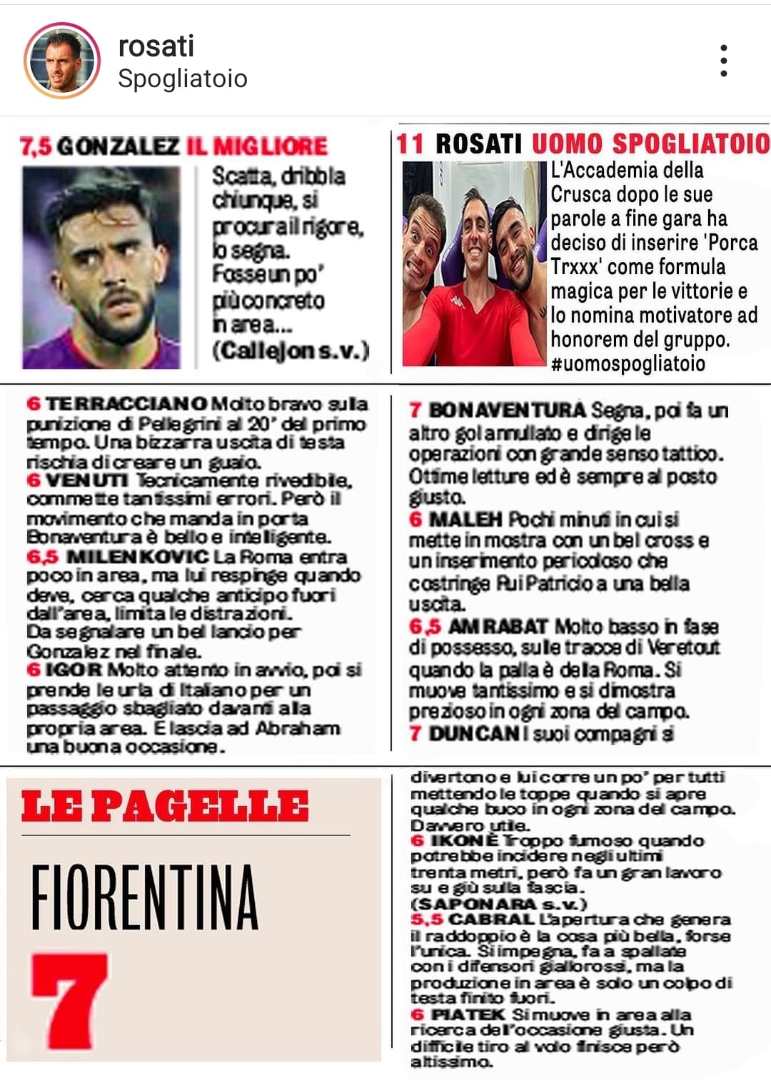 Rosati si scrive la sua pagella post Roma: "Accademia della Crusca lo nomina motivatore ad honorem"