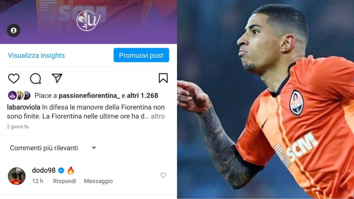 Dodo scrive a Labaro Viola su Instagram, gioia dopo la notizia dell'accordo tra Fiorentina e Shakhtar - 