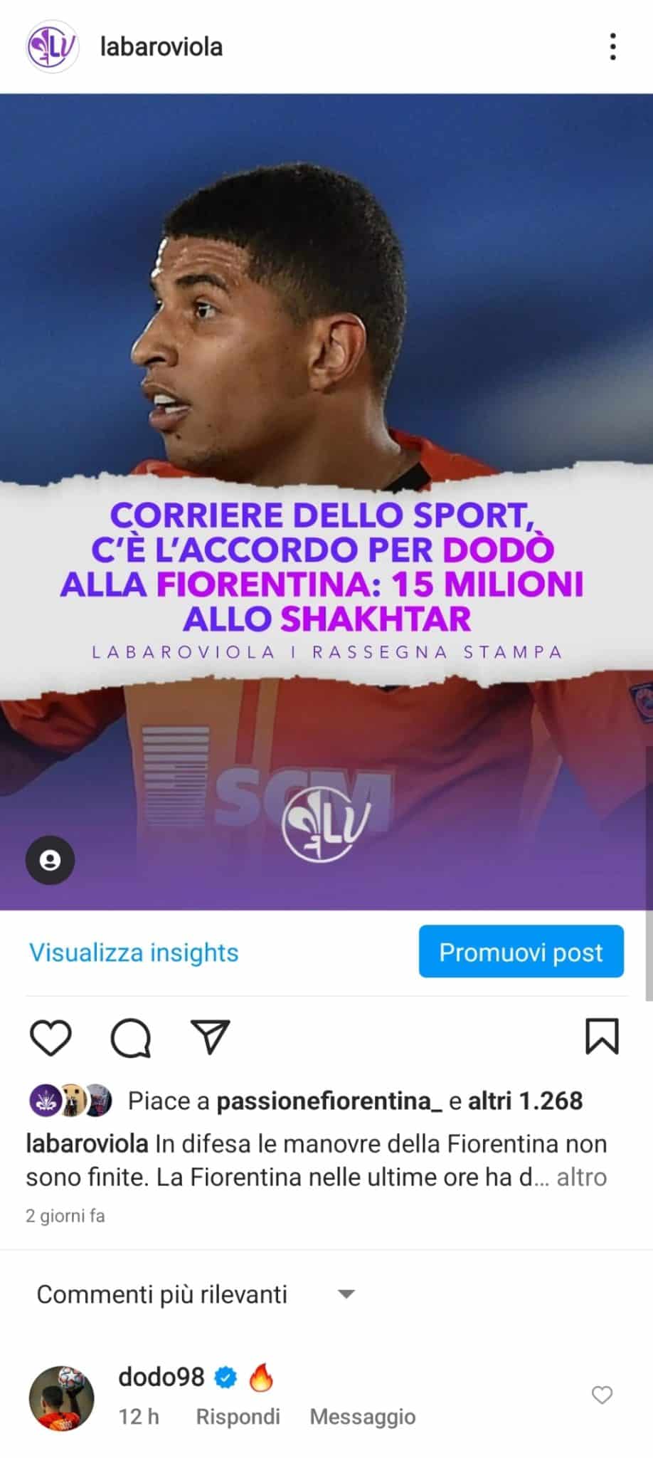 Dodo scrive a Labaro Viola su Instagram, gioia dopo la notizia dell'accordo tra Fiorentina e Shakhtar