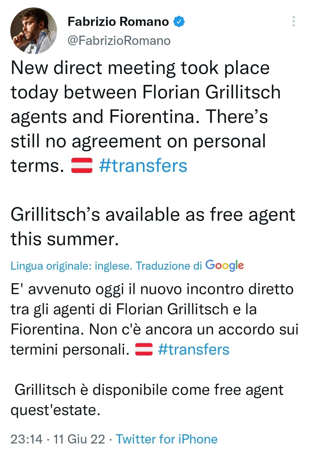 Fabrizio Romano avverte: "Non c'è ancora accordo tra la Fiorentina e Grillitsch sul contratto"