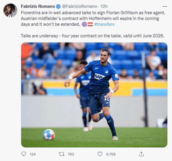 Romano annuncia: "La Fiorentina vicina alla firma con Grillitsch a zero, contratto da 4 anni fino al 2026"