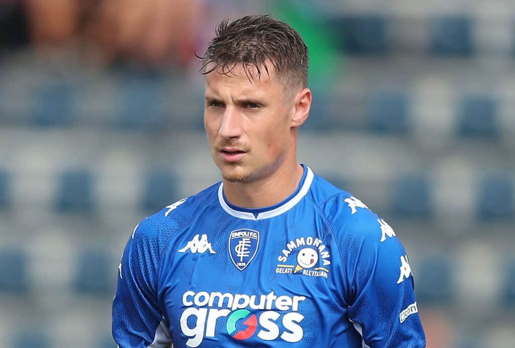 EMPOLI, ITALY - SEPTEMBER 19: Andrea Pinamonti of Empoli FC in action during the Serie A match between Empoli FC and UC Sampdoria at Stadio Carlo Castellani on September 19, 2021 in Empoli, Italy. (Photo by Gabriele Maltinti/Getty Images)