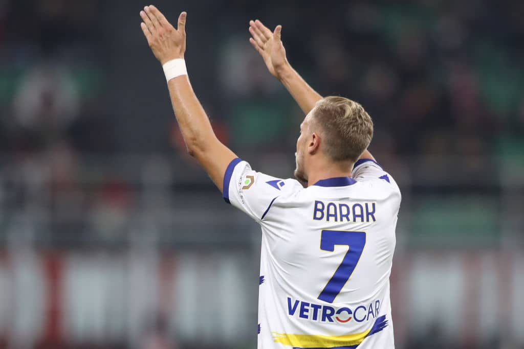 MILAN, ITALY - OCTOBER 16: Antonin Barak of Hellas Verona celebrates after scoring to give the side a 2-0 lead during the Serie A match between AC Milan and Hellas Verona FC at Stadio Giuseppe Meazza on October 16, 2021 in Milan, Italy. (Photo by Jonathan