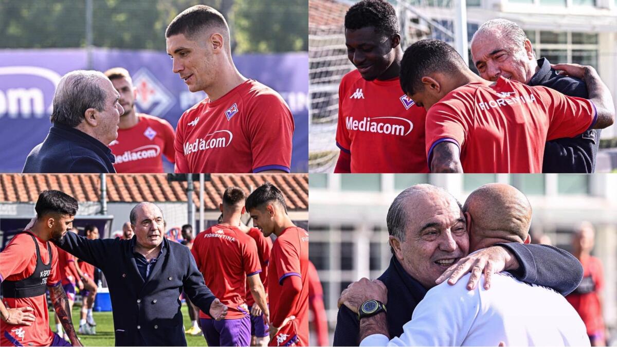 Commisso in campo prima dell'allenamento, abbraccio con Italiano, poi da Nico, Milenkovic e Dodò - 