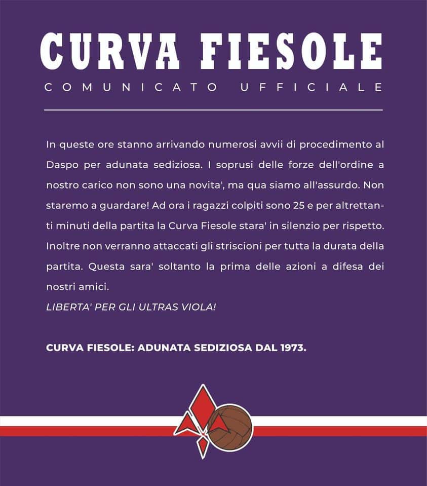 Comunicato della Fiesole: ''Silenzio per venticinque minuti contro i daspo nei confronti degli ultras''