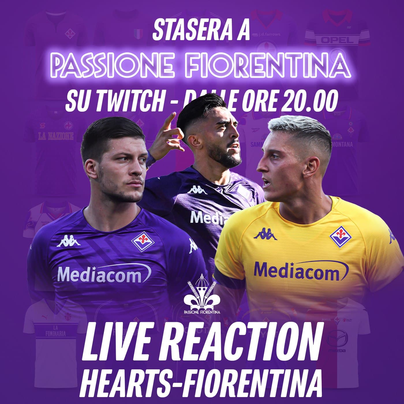 Dalle 20 in diretta su Twitch di Passione Fiorentina per la live reaction di Hearts-Fiorentina