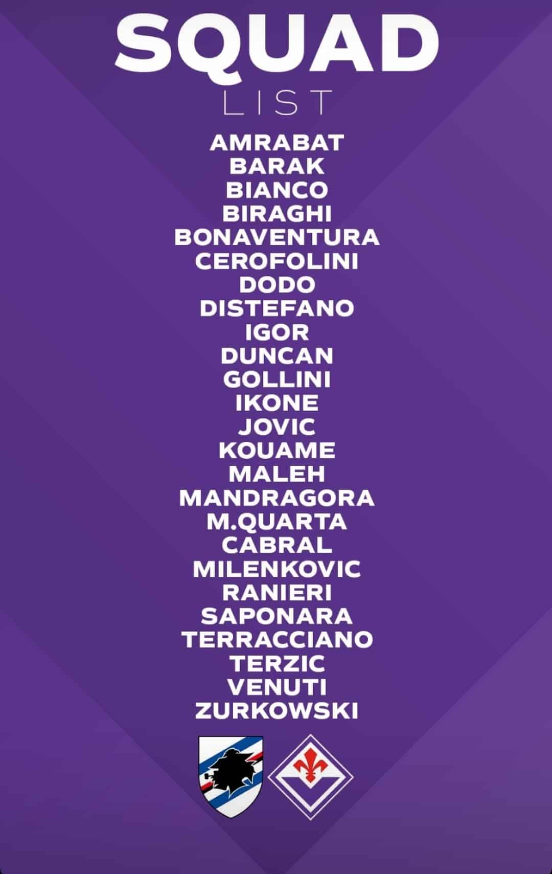 I convocati della Fiorentina per la Samp, torna a disposizione Amrabat. Al posto di Nico c'è Distefano
