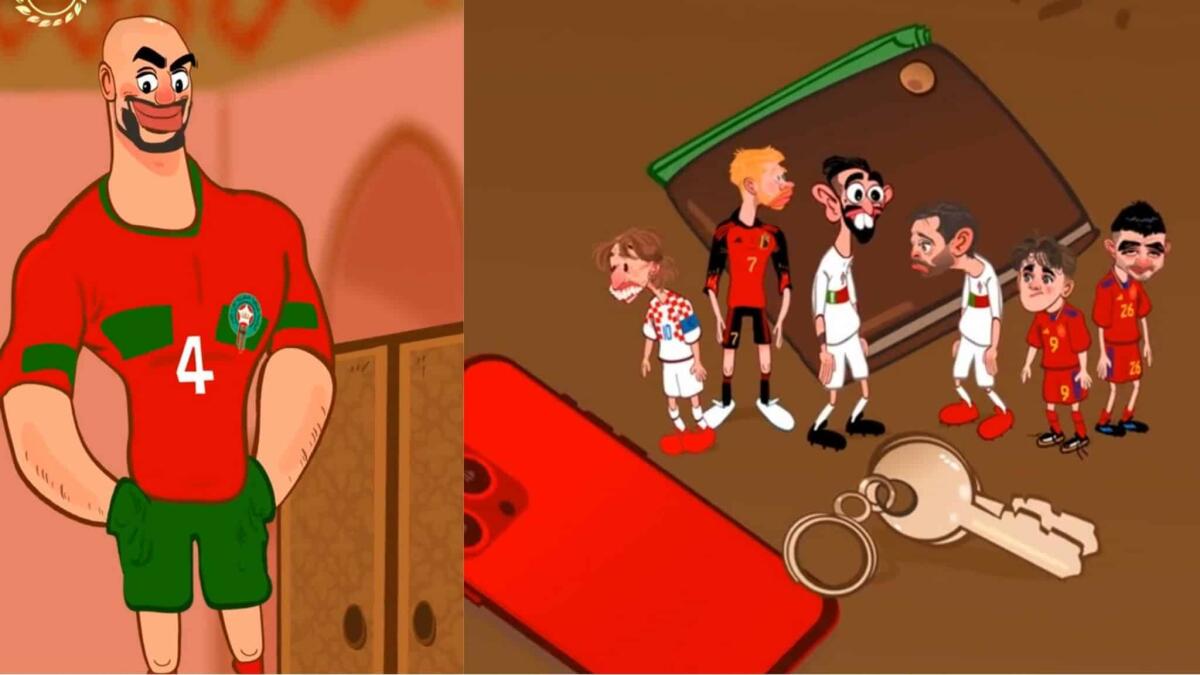 Amrabat diventa un cartone animato, dalle sue tasche escono Ronaldo, Modric, De Bruyne e Gavi - 