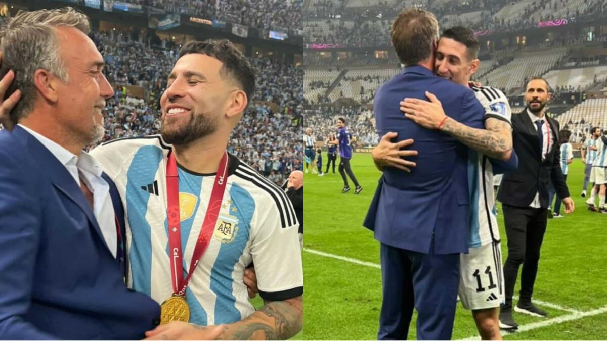 Di Maria e Otamendi abbracciano e ringraziano Batistuta dopo aver vinto il mondiale con l'Argentina - 