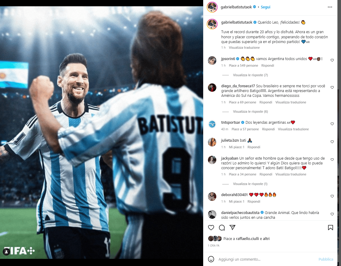 Batistuta esalta Messi: "E' un onore condividere il record di gol con te, spero che lo supererai presto"