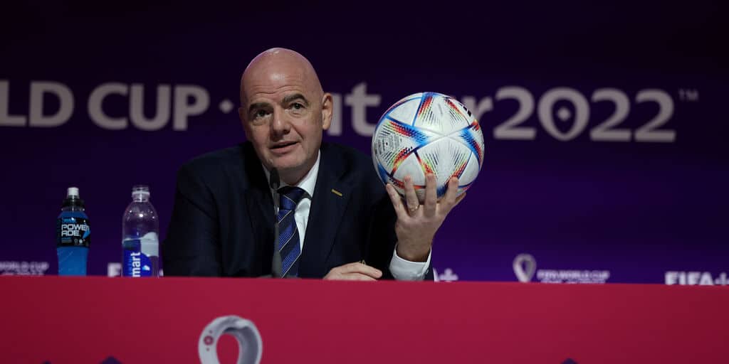 DOHA, QATAR - NOVEMBER 19: FIFA President, Gianni Infantino Speaks Ahead of Opening Match of the FIFA World Cup Qatar 2022 at a press conference on November 19, 2022 in Doha, Qatar. (Photo by Christopher Lee/Getty Images)