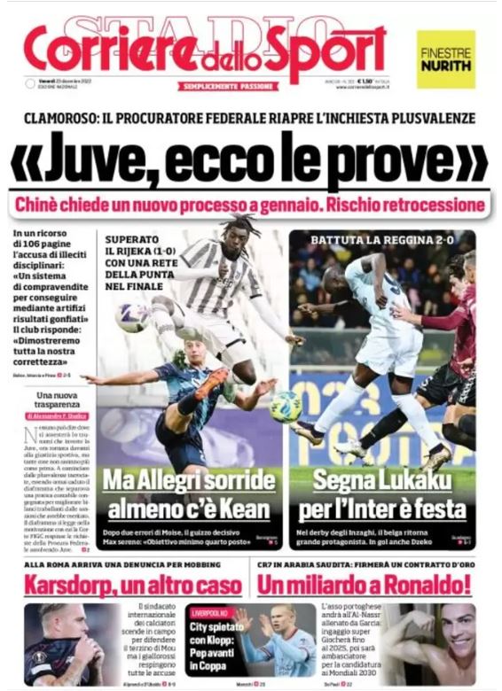 Corriere dello Sport annuncia: "Adesso ci sono le prove contro la Juventus. Rischia la retrocessione"