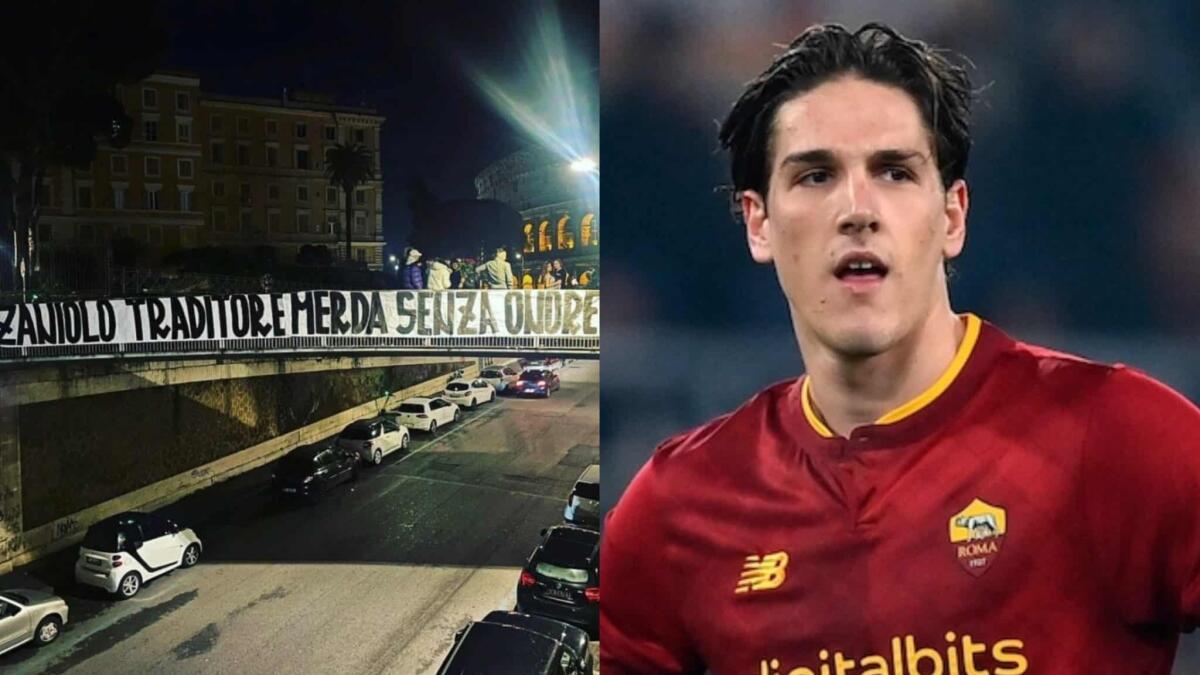 I tifosi della Roma si scagliano contro Zaniolo, lo striscione: "Traditore, m***a senza onore!" - 