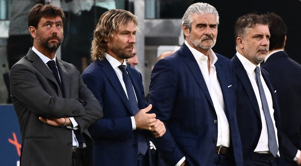 (From L) Juventus' President Andrea Agnelli, Juventus' vice-president Pavel Nedved, Juventus's managing director Maurizio Arrivabene and Juventus Sports Coordinator Federico Cherubini attend the Italian Serie A football match between Juventus and Sassuolo