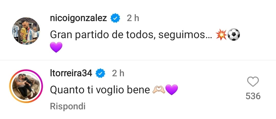 Nico Gonzalez scrive: "Grande partita di tutti, adesso continuiamo". Torreira risponde: "Ti voglio bene"