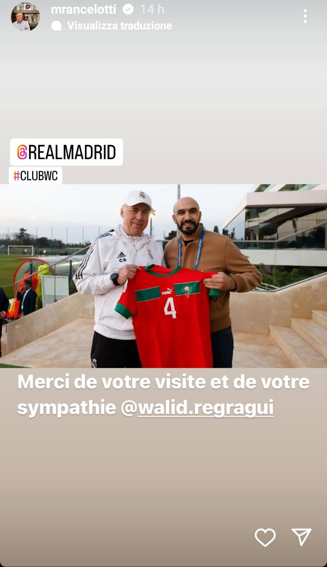Il Ct del Marocco ha regalato una maglia di Amrabat ad Ancelotti, è stato ospite del Real Madrid