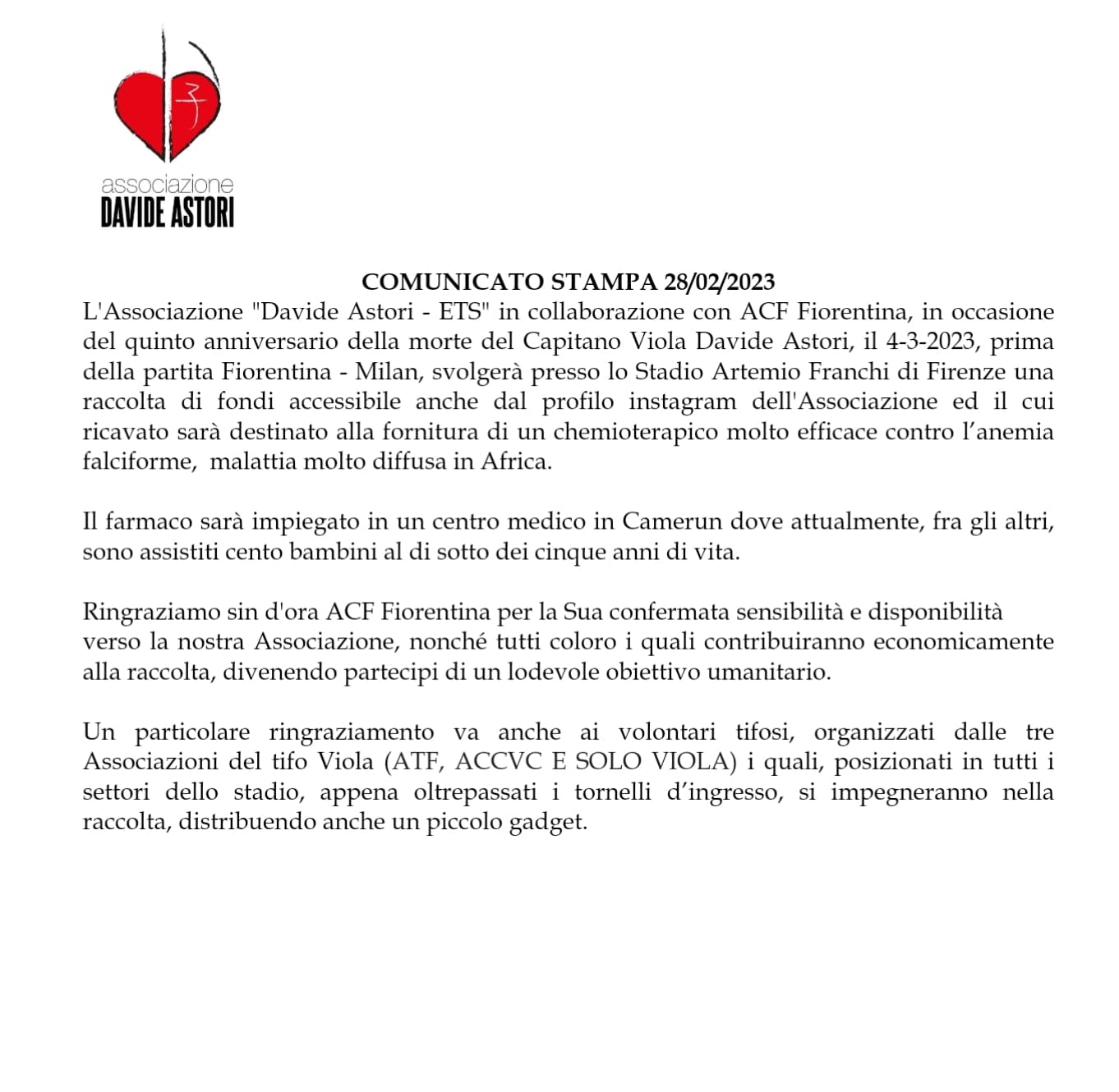 Fiorentina e Associazione Davide Astori organizzano raccolta fondi prima del match col Milan