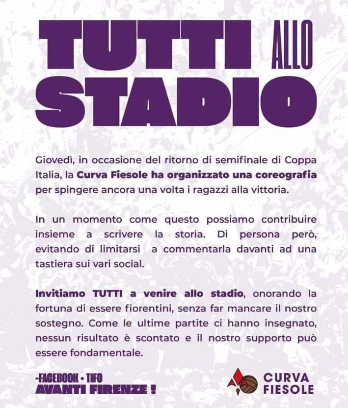 Curva Fiesole: "Giovedì tutti allo stadio, ci sarà la coreografia per la semifinale contro la Cremonese"