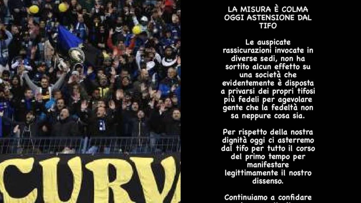 La Curva dell'Inter non tiferà durante il primo tempo: "La società agevola gente che non conosce fedeltà" - 