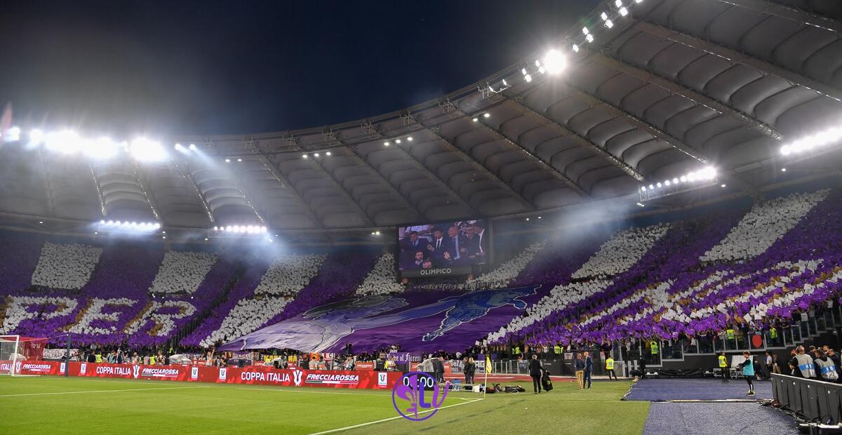 La Fiesole spiega coreografia: "Perseo taglia testa a Medusa, con le serpi nei capelli, simbolo nerazzurro" - Roma, Stadio Olimpico, 24.05.2023, Fiorentina-Inter, foto Lisa Guglielmi. Copyright Labaroviola.com