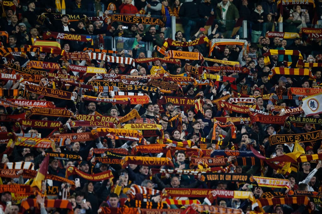 ROME, ITALY - MARCH 09: Supporters of AS Roma prior to the UEFA Europa League round of 16 leg one match between AS Roma and Real Sociedad at Stadio Olimpico on March 9, 2023 in Rome, Italy. (Photo by Carlo Hermann/DeFodi Images via Getty Images)