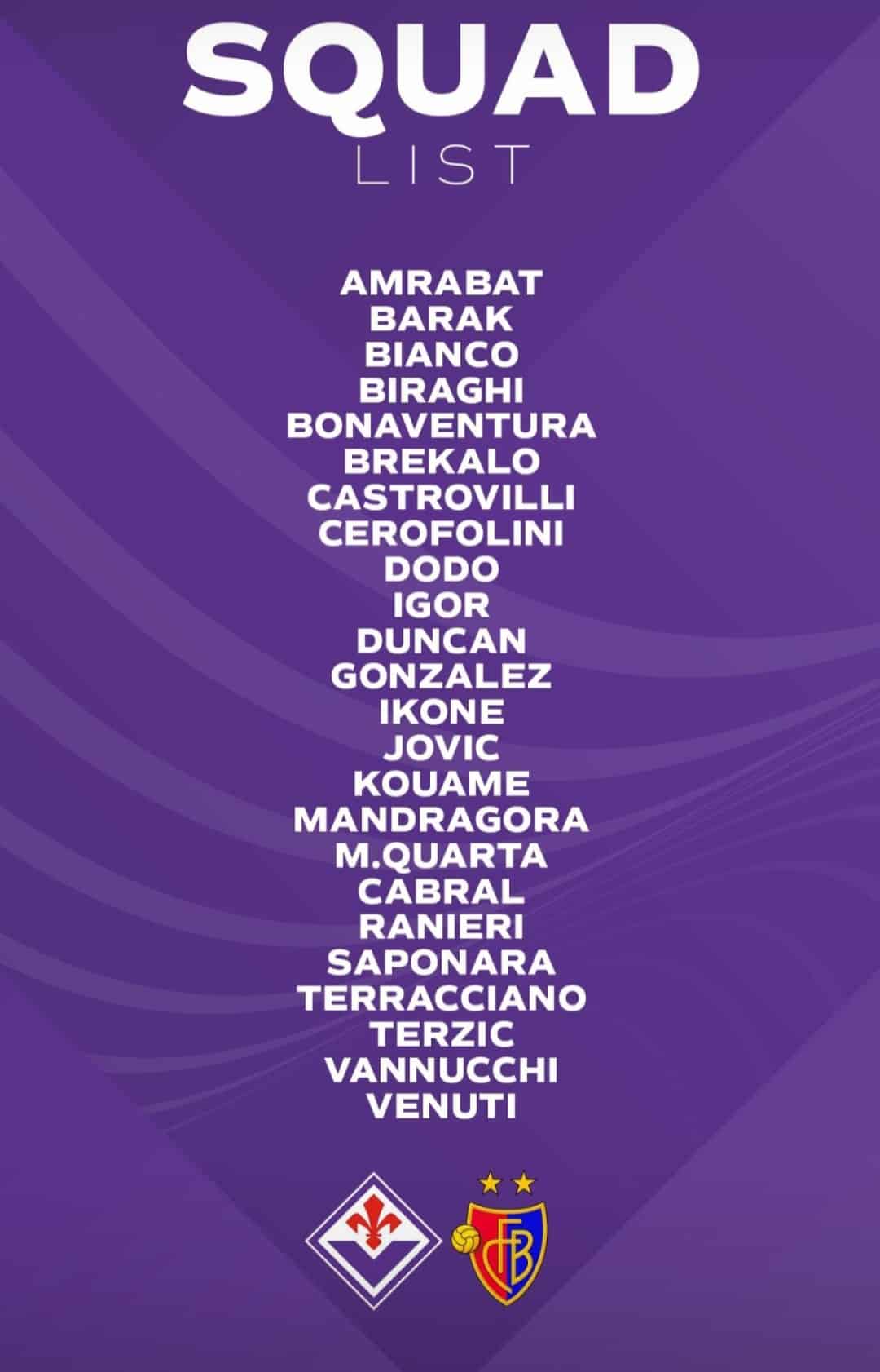 I convocati della Fiorentina per il Basilea: ci sono tutti tranne Sottil. Ritorna Cabral, Terracciano c'è