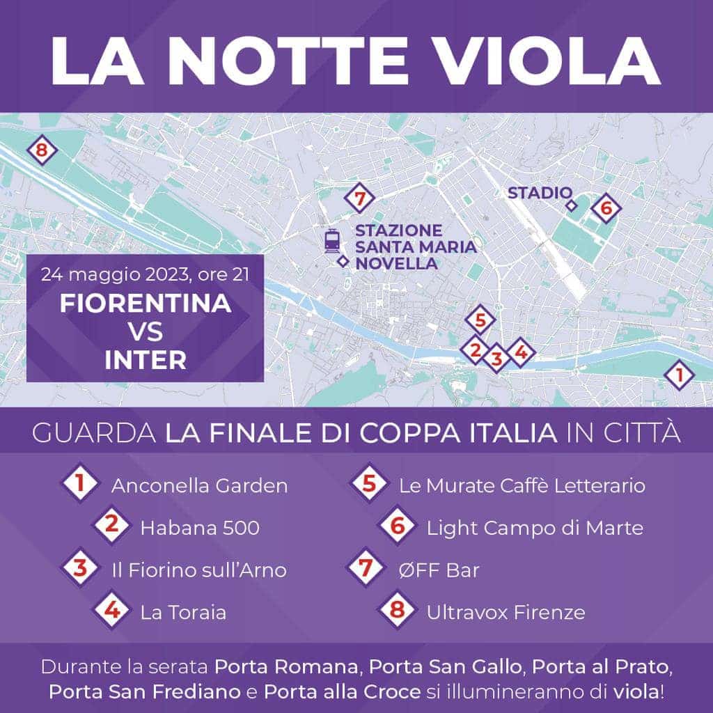 Firenze si prepara per la finale di Coppa Italia tra Fiorentina e Inter. Le info per vedere la partita in città