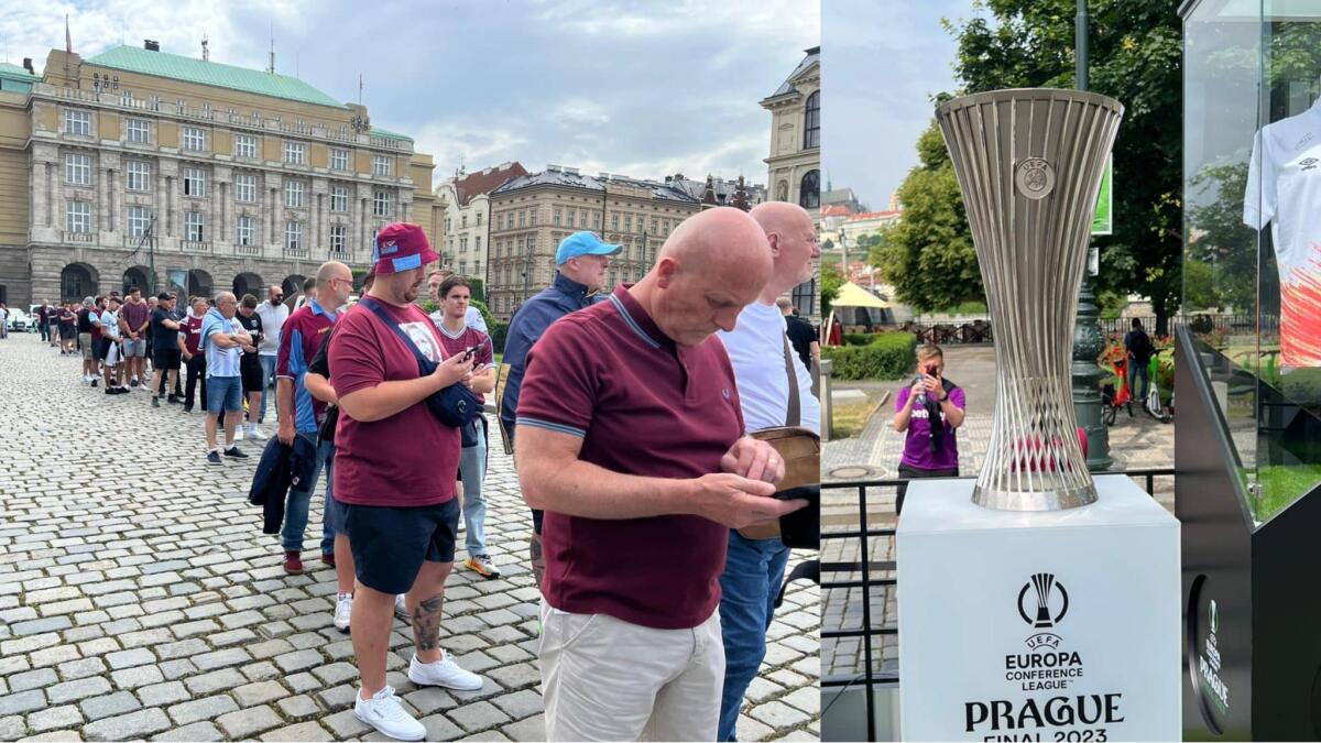 Da Praga, ci sono solo tifosi del West Ham a fare la fila per farsi la foto con la Coppa della Conference - 