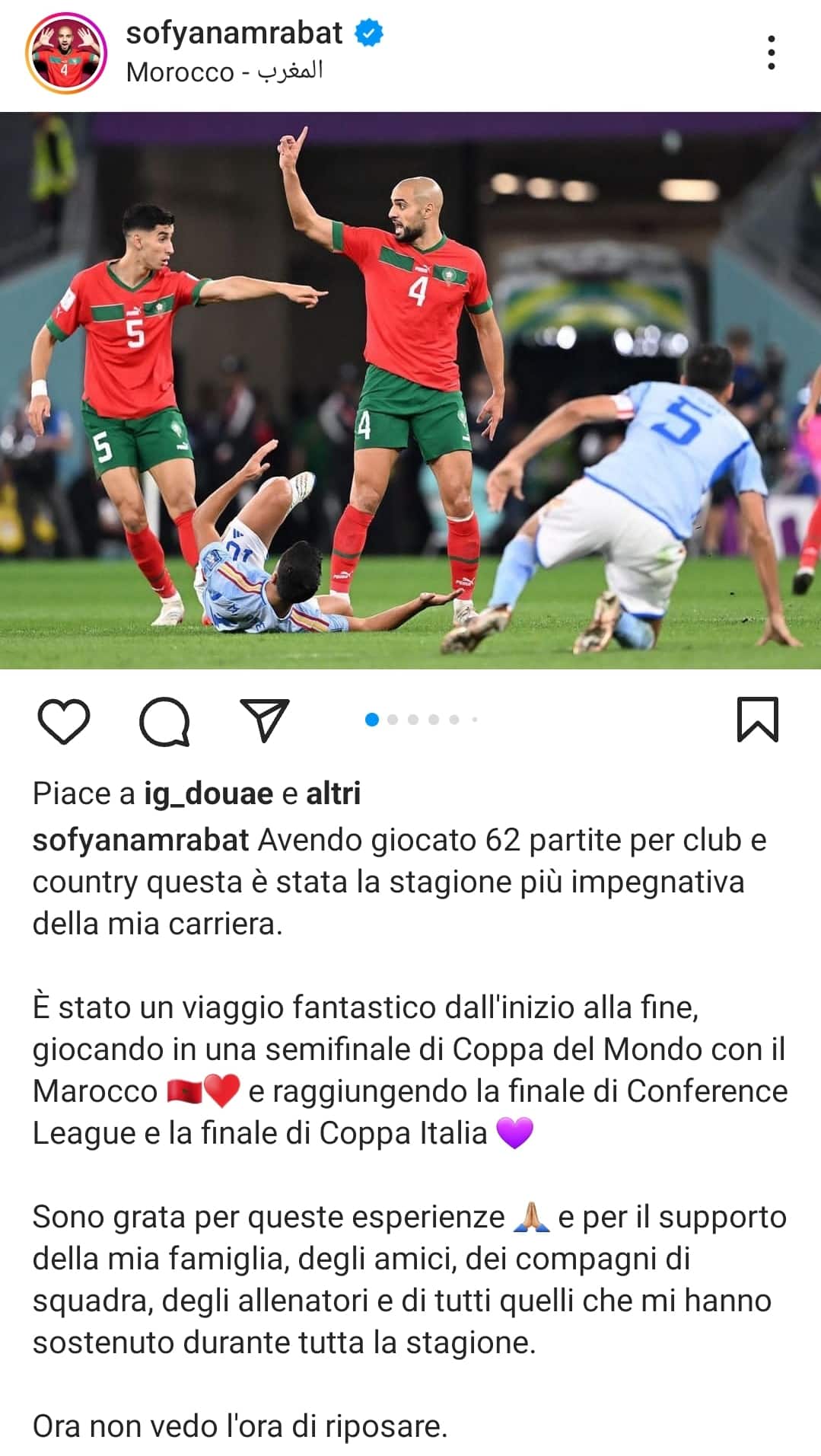 Amrabat scrive: "Ho giocato 62 partite quest'anno, è stato l'anno più faticoso. Ora voglio riposare"