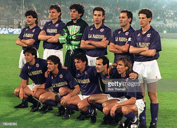 Football, UEFA Cup Final, Second Leg, Florence, Italy, 16th May 1990, Fiorentina 0 v Juventus 0 (Juventus win 3-1 on aggregate), The Fiorentina team pose together for a group photograph, Back Row L-R: Antonio Dell'Oglio, Lubos Kubik, Marco Landucci, Celes