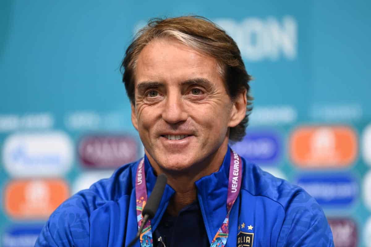 LONDON, ENGLAND - JULY 05: In this handout picture provided by UEFA Roberto Mancini, Head Coach of Italy talks to the media during the Italy Press Conference ahead of the Euro 2020 Semi-Final match between Italy and Spain at Wembley Stadium on July 05, 20