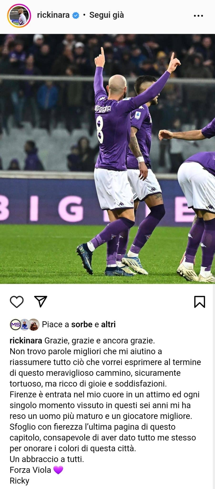 La lettera di addio di Saponara: "Grazie Fiorentina, Firenze mi è entrata nel cuore, ho dato tutto"