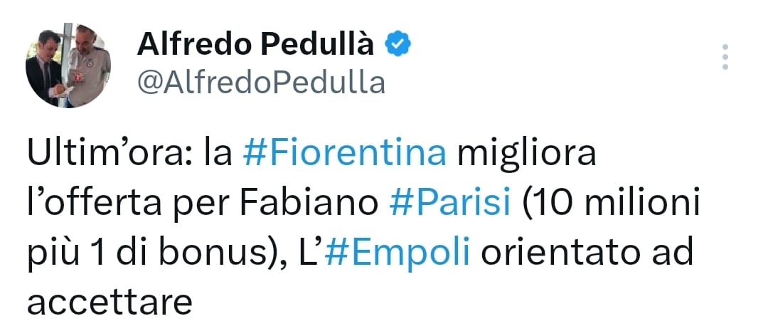 Pedullà annuncia: "Fiorentina alza l'offerta per Parisi, 10 milioni + 1 di bonus. Empoli orientato ad accettare"