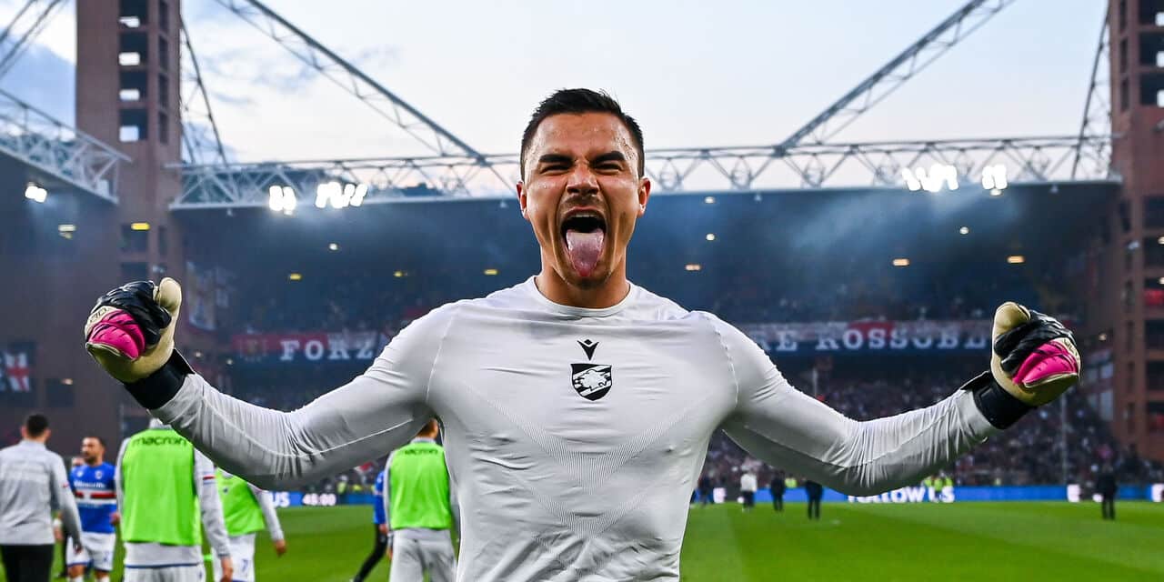GENOA, ITALY - APRIL 30: Emil Audero of Sampdoria celebrates after the Serie A match between UC Sampdoria and Genoa CFC at Stadio Luigi Ferraris on April 30, 2022 in Genoa, Italy. (Photo by Getty Images)