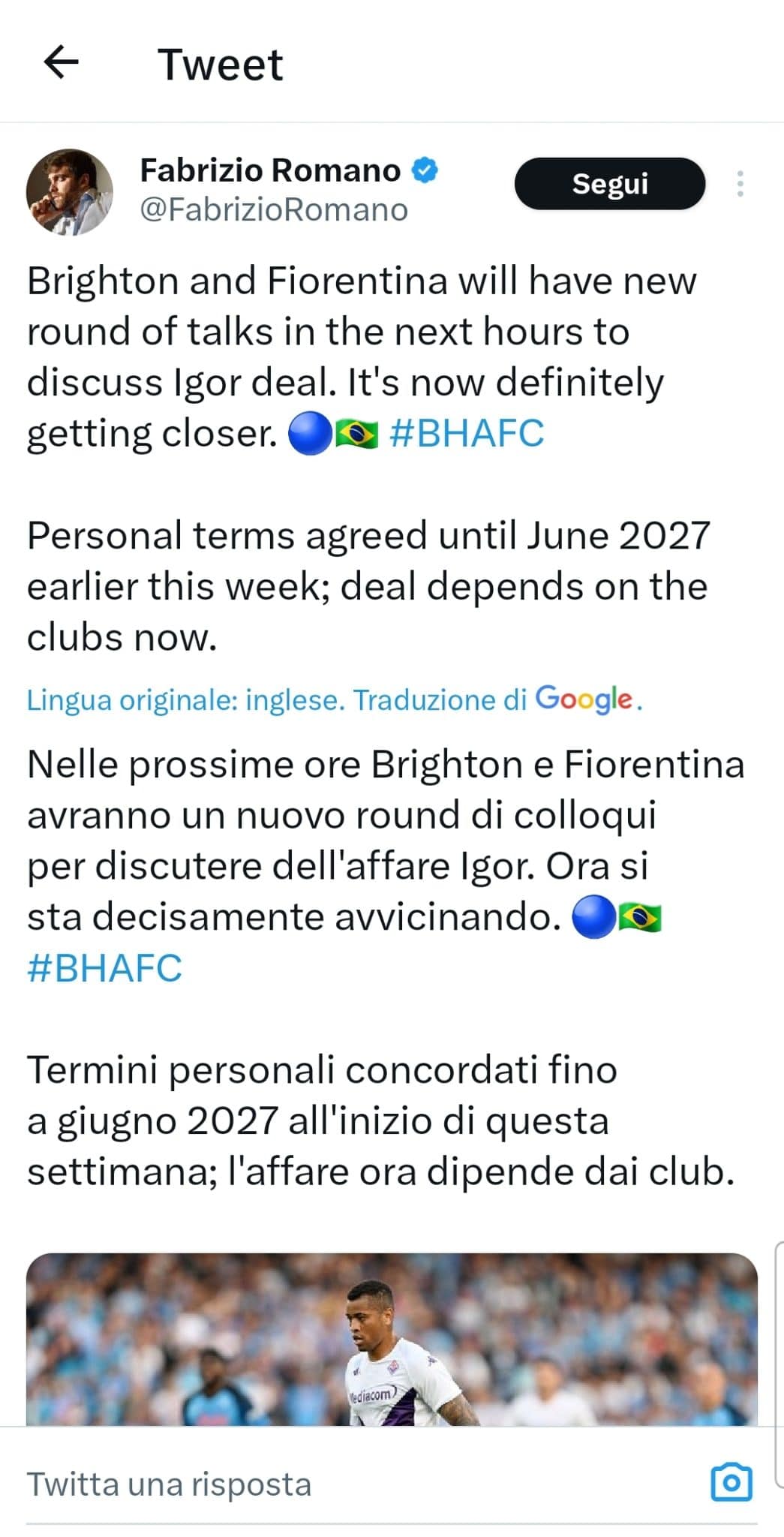 Romano: "Oggi appuntamento tra Fiorentina e Brighton per Igor. Ancora non è stato trovato un accordo"
