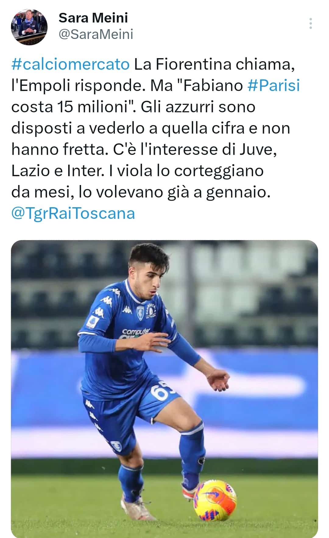 TgR, Empoli chiede 15 milioni per Parisi, nessuna fretta nella trattativa. Sul terzino anche Juve, Lazio e Inter