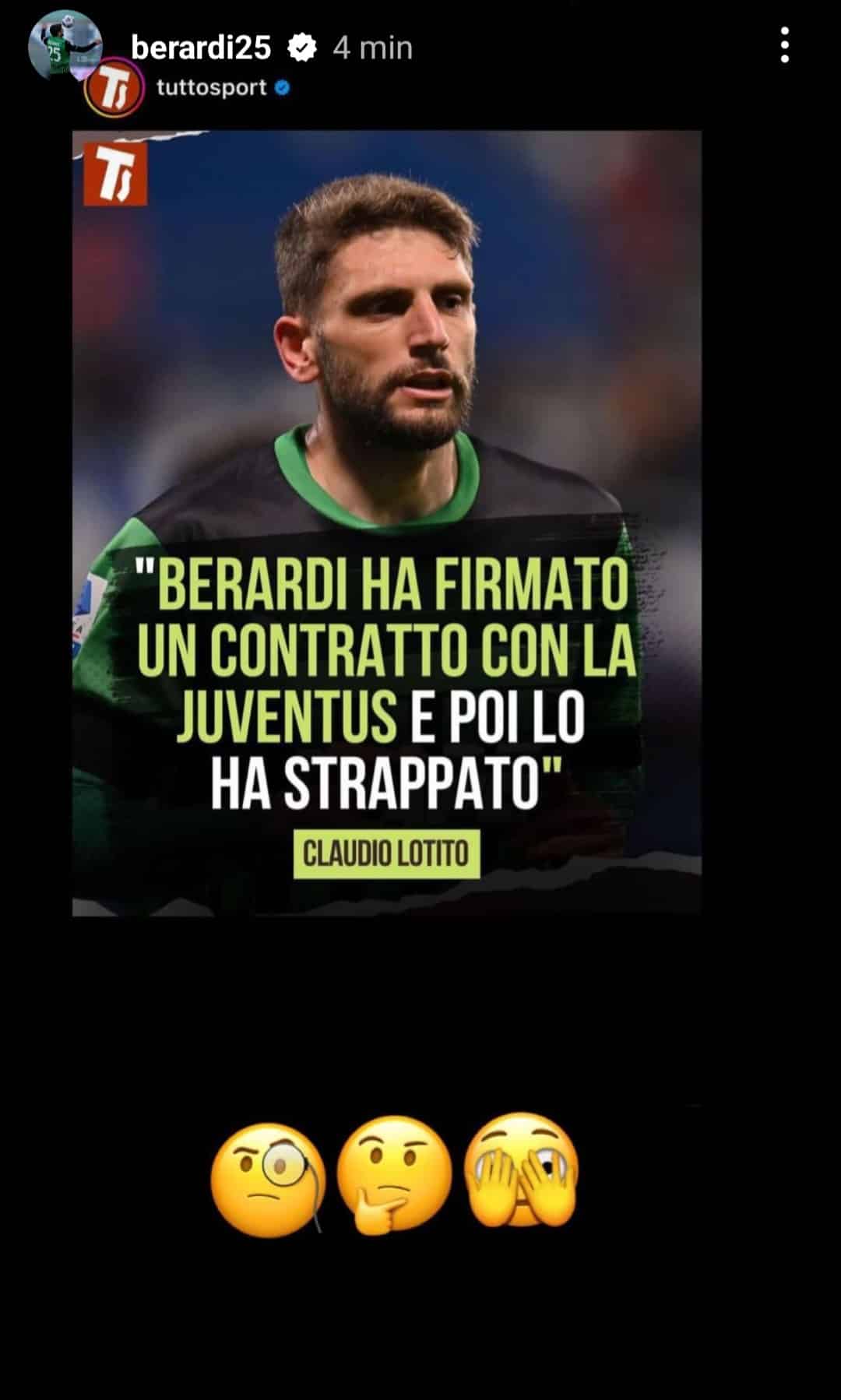 Berardi sbeffeggia Lotito su Instagram: pubblica una foto con una sua dichiarazione e lo commenta