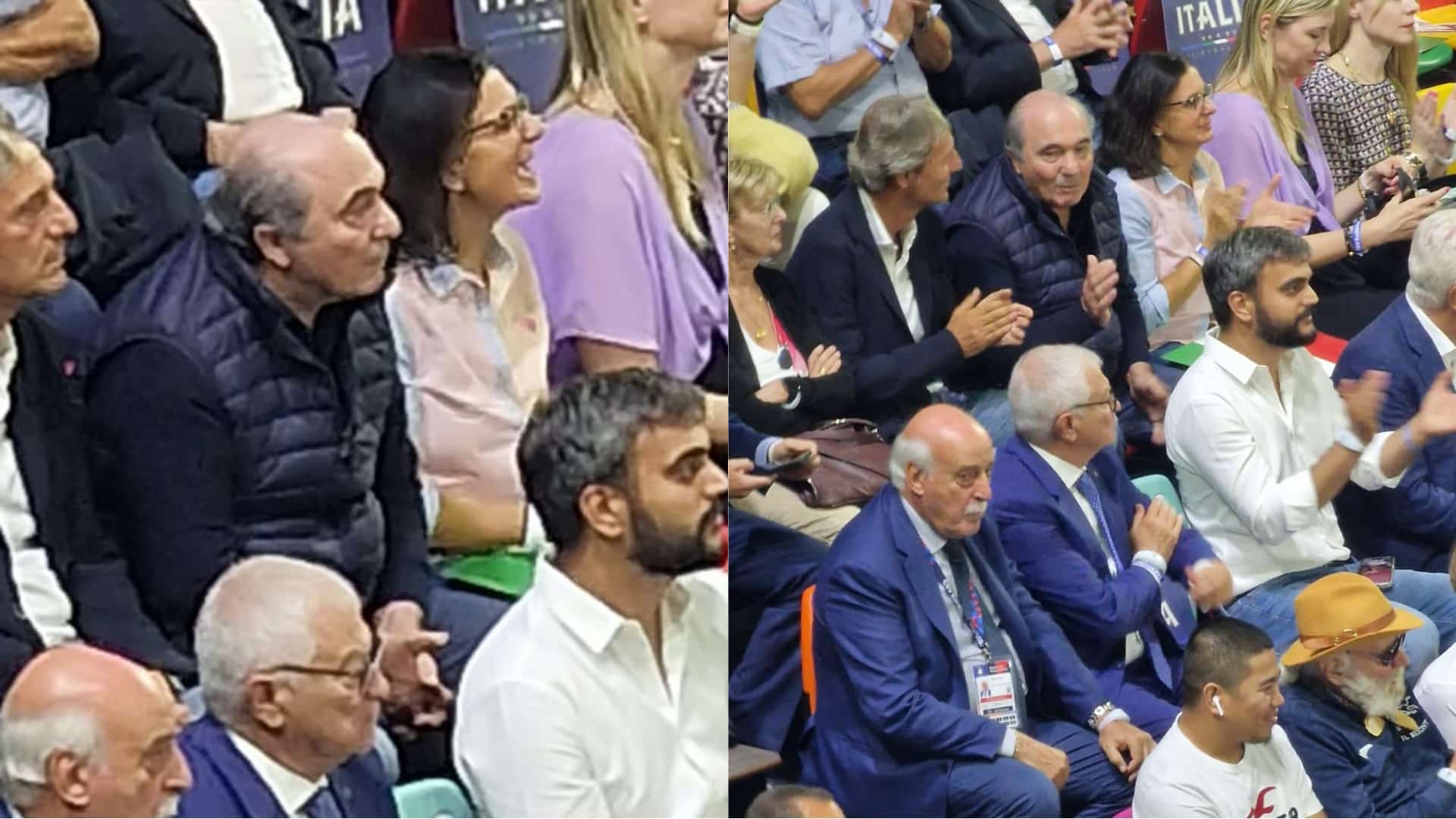 Commisso a vedere Italia-Francia degli Europei di Pallavolo. Sotto di lui Malagò e Giani