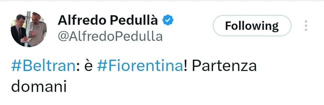 Pedullà annuncia: "Beltran è della Fiorentina, domani la partenza per Firenze del centravanti argentino. Niente Roma"