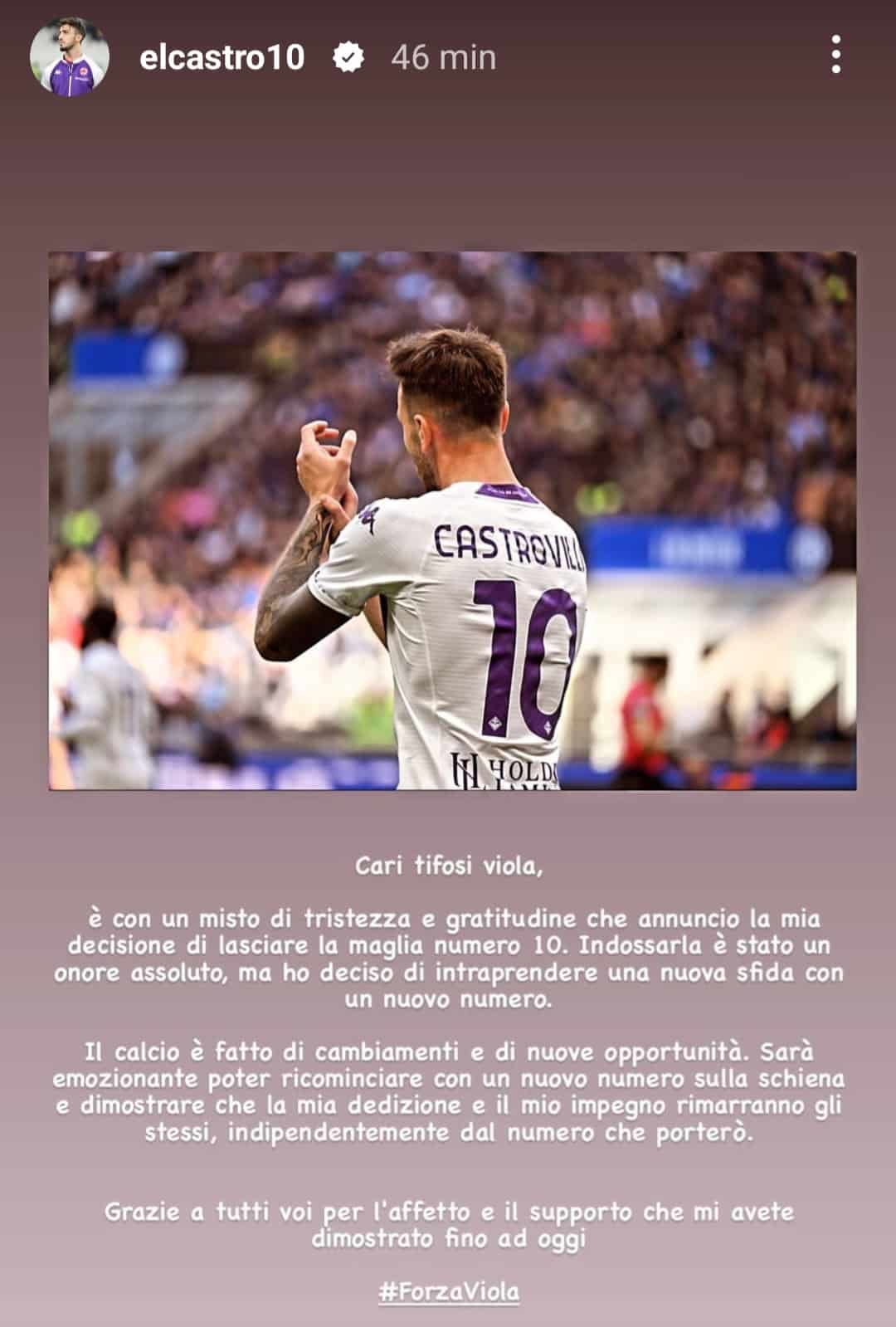 Castrovilli scrive ai tifosi viola: "Cambiare numero una nuova sfida. Il calcio è fatto di cambiamenti"