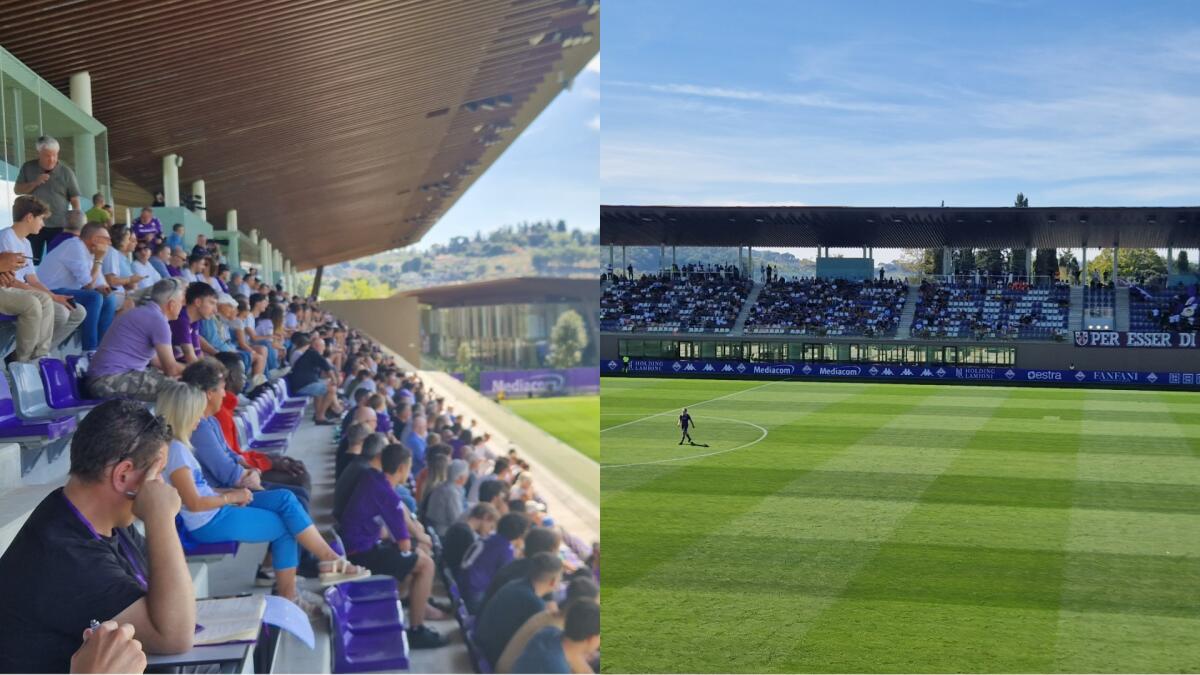 Entusiasmo per la prima al Viola Park. Commisso dà il calcio di inizio. 1500 tifosi viola. C'è Italiano - 