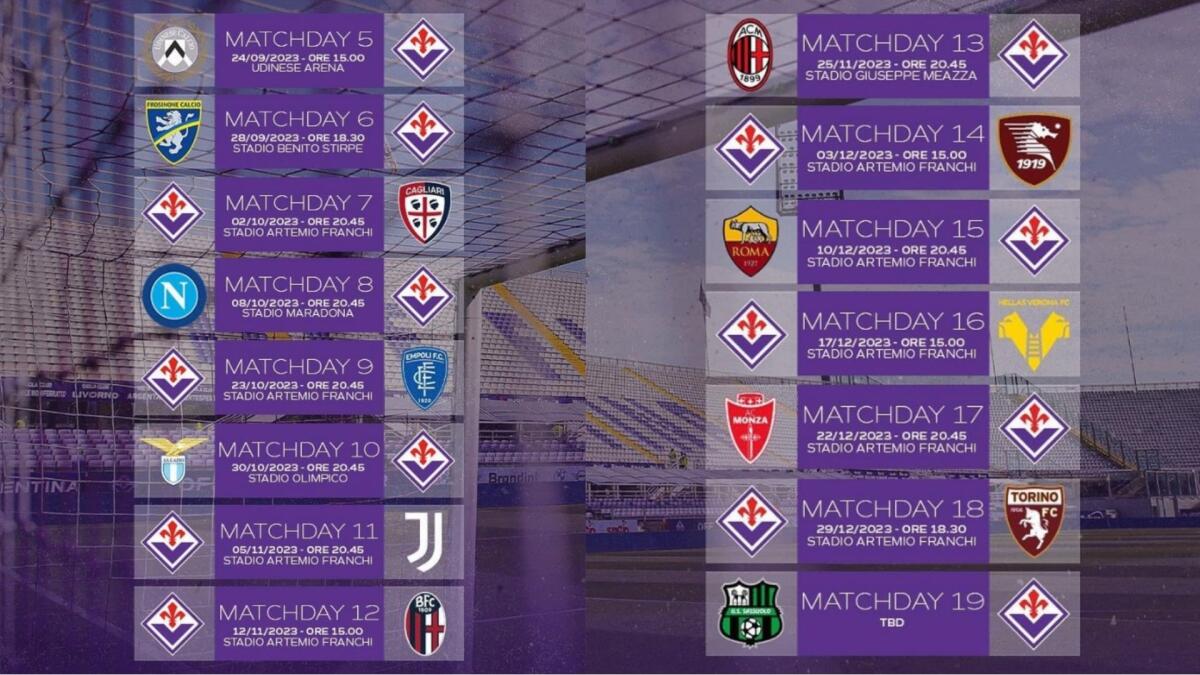 Orari e giorni delle partite della Fiorentina fino a gennaio: contro la Juventus domenica sera ore 20.45 - 