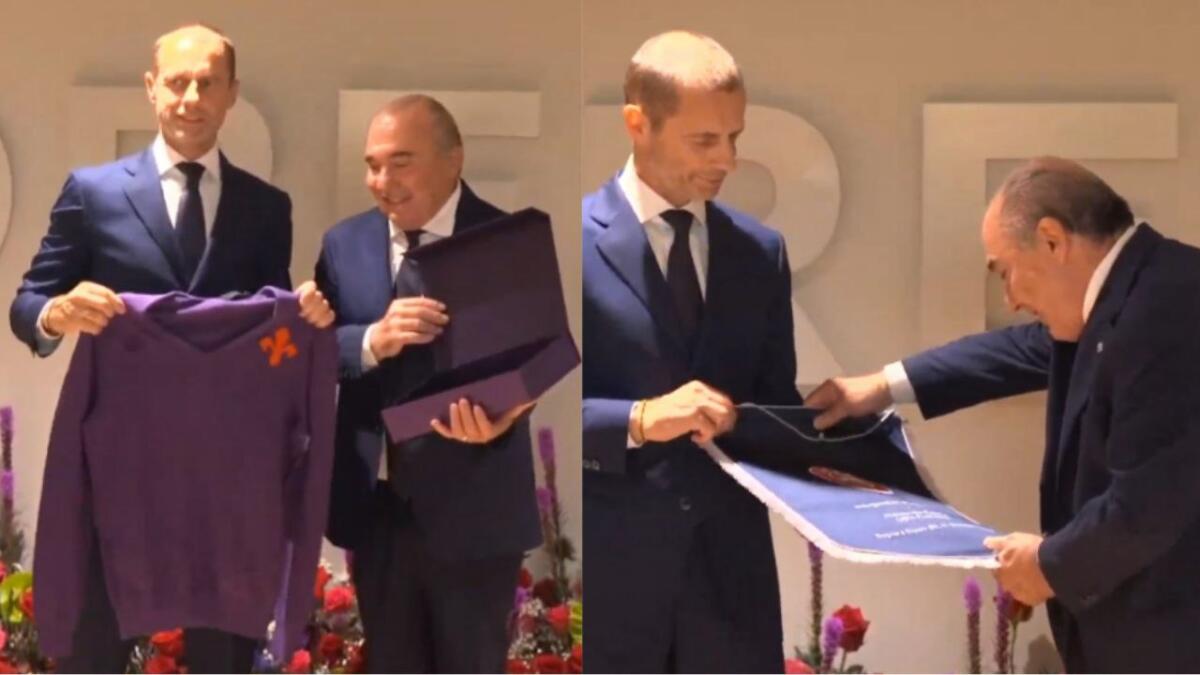 Scambio di doni tra Commisso e Ceferin: al Presidente della UEFA maglia storica della Fiorentina - 