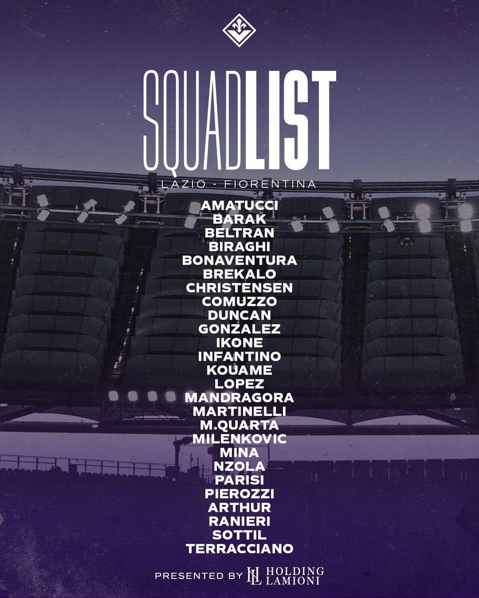 I convocati della Fiorentina per la Lazio: tornano Biraghi e Bonaventura, si rivede anche Mina. Assente Kayode