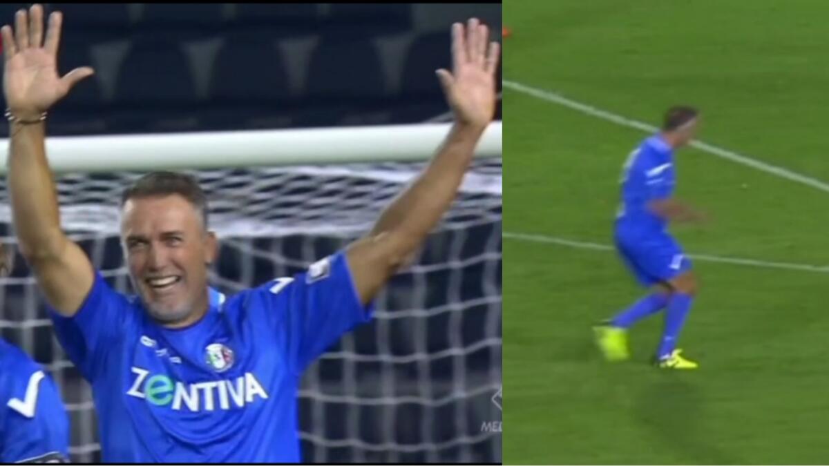 Il video del gol meraviglioso di Batistuta alla partita del Cuore. Tiro a giro da fuori area a pallonetto - 