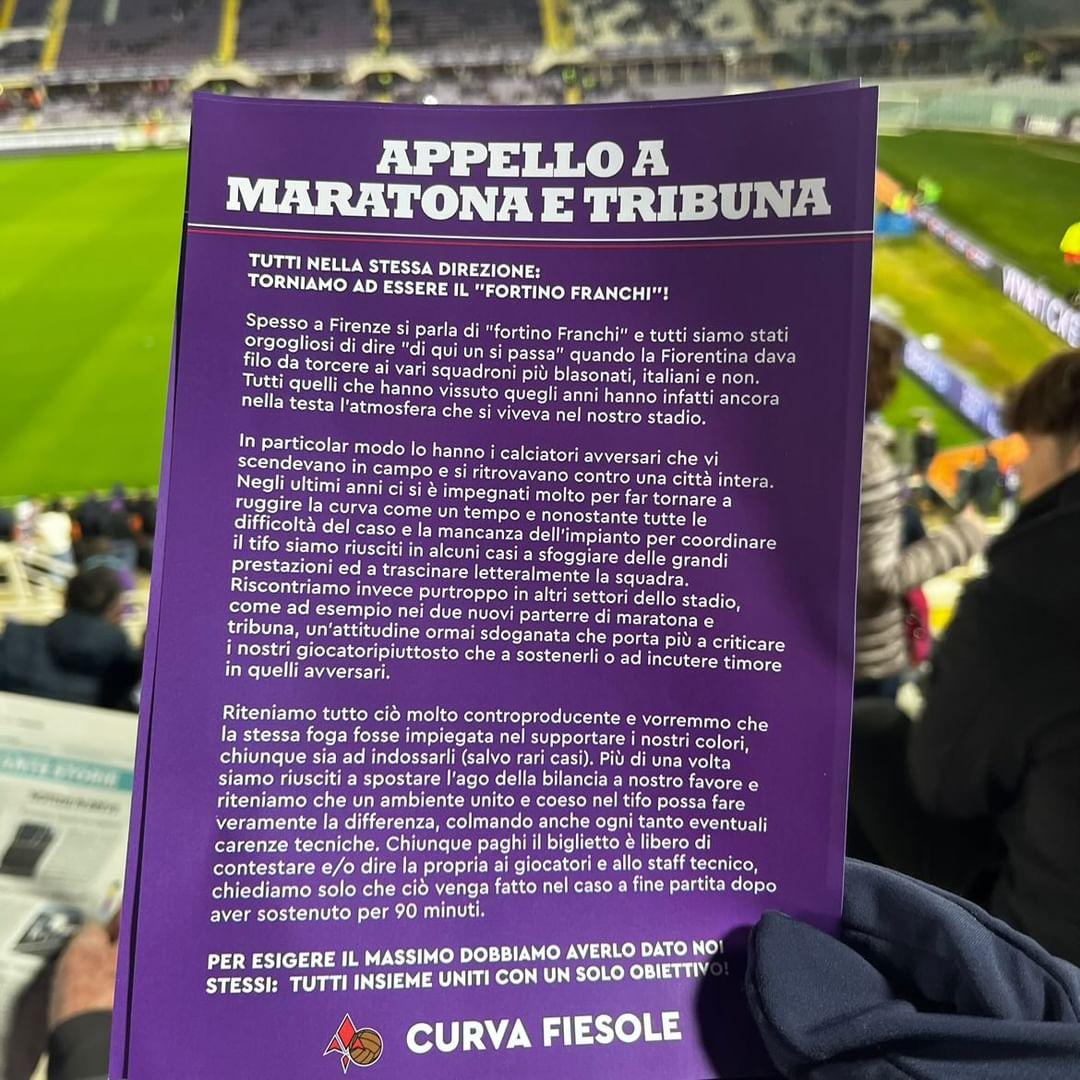 La Fiesole rimprovera tribuna e Maratona: "Durante la partita i giocatori della Fiorentina vanno incitati"