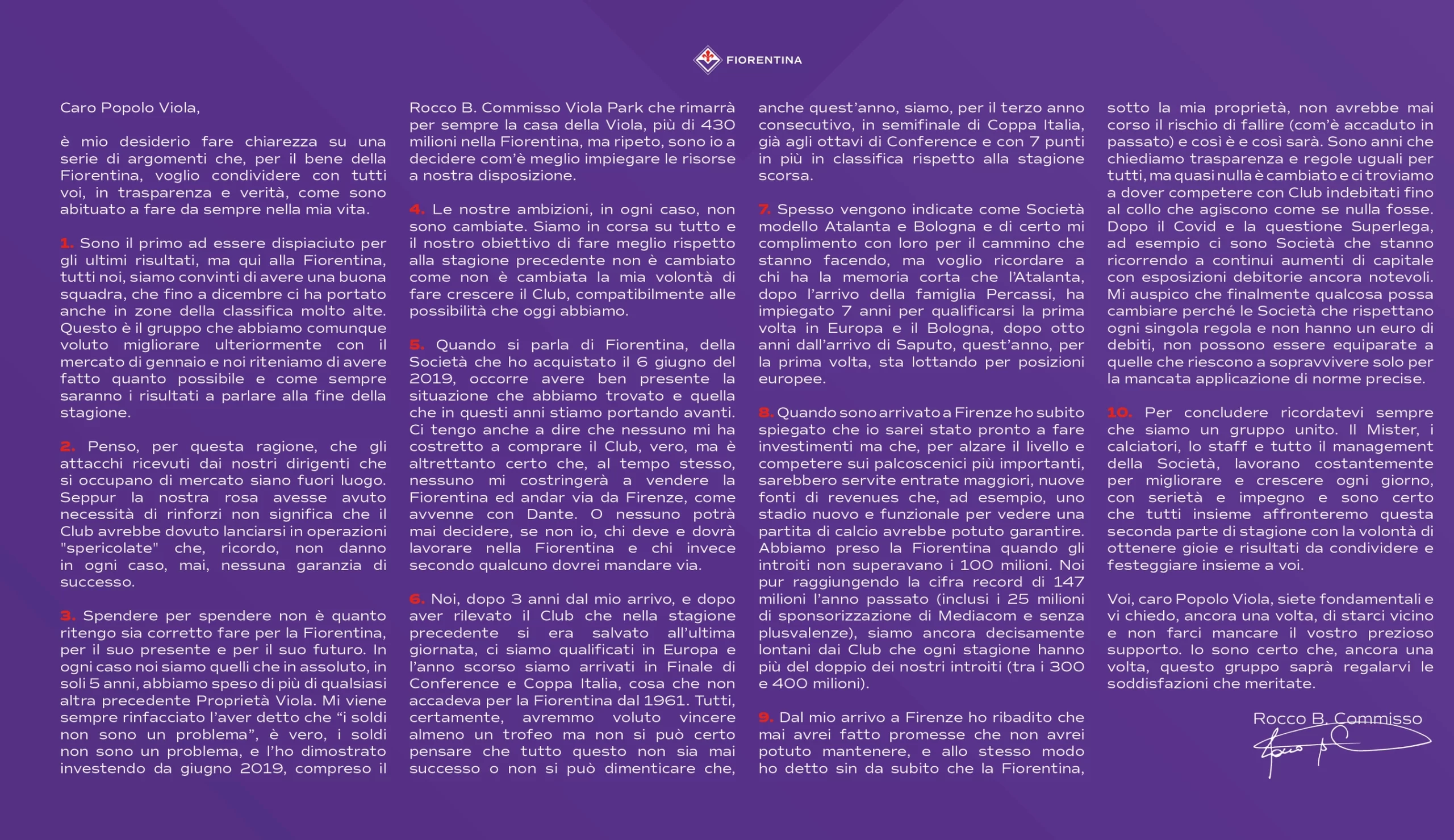 La lettera di Commisso: "Atalanta e Bologna ci hanno messo anni prima di lottare per l'Europa. Basta attacchi"